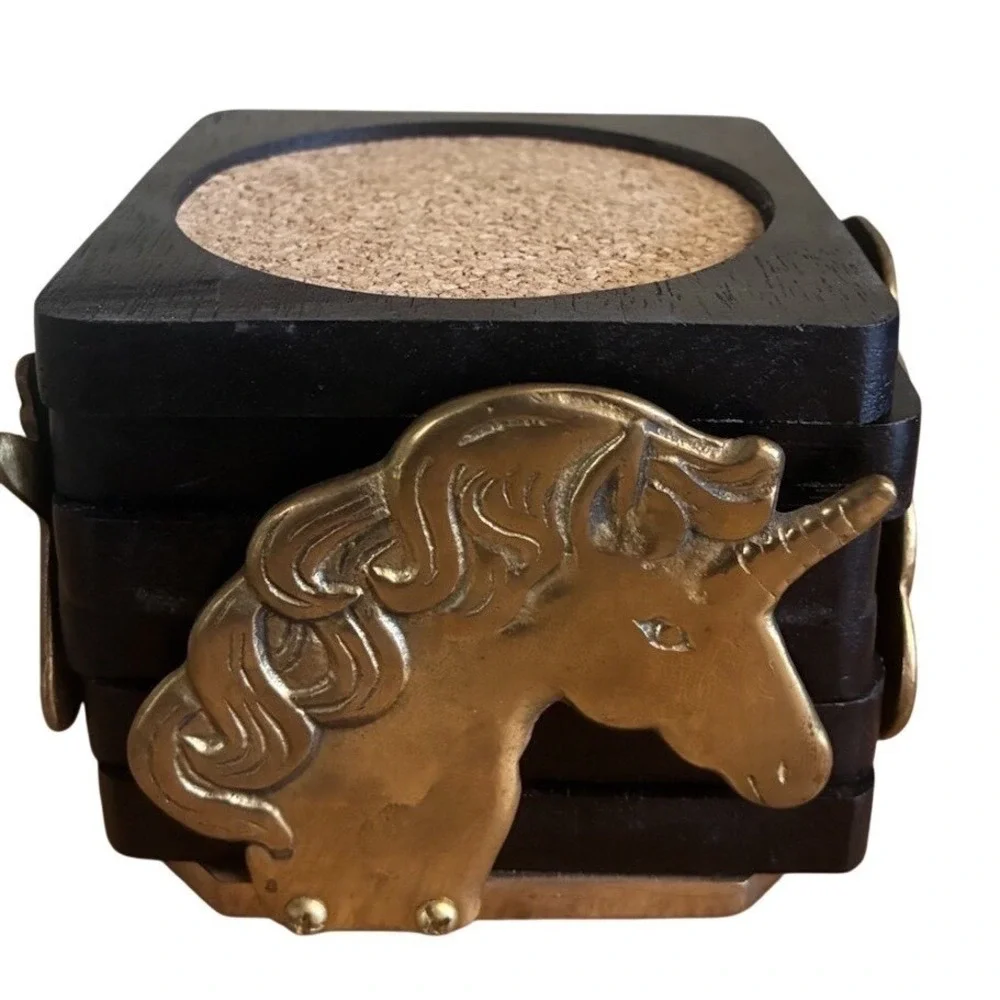 Vintage  Coaster‎ Set Black Wooden Cork Top Brass Unicorn Holder